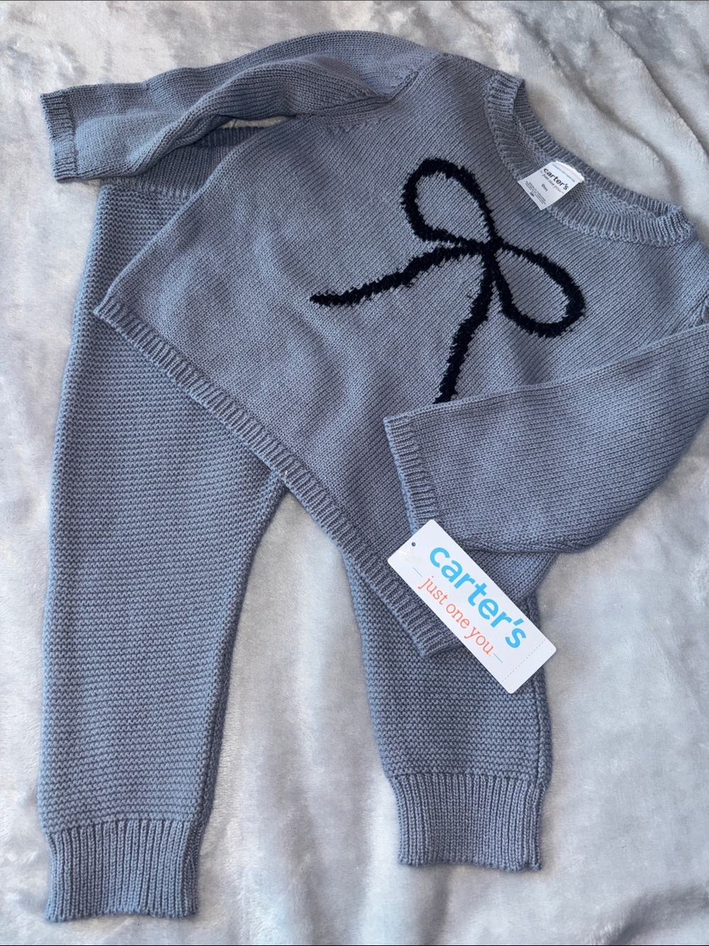 Carter's Gray Knit Bow Sweater & Pants Set - Gray with Black Bow